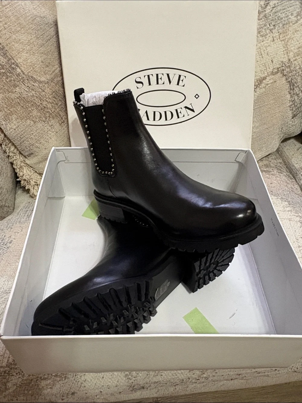 Steve Madden Black Leather Chelsea Boot with Stud Trimmer